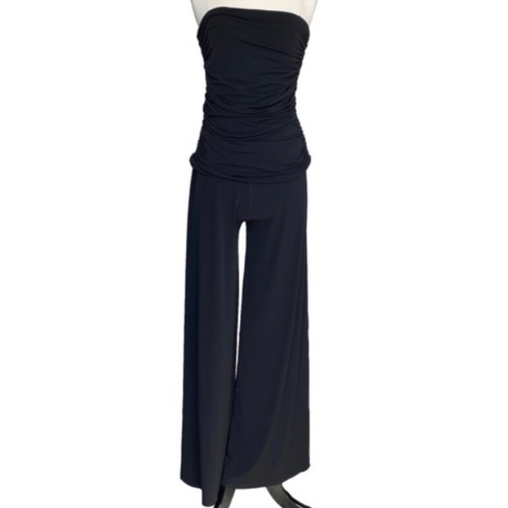 NBW EVO VORRÒ Black strapless ruched top & wide leg jumpsuit size medium - Picture 3 of 10